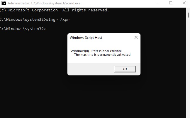 cek aktivasi lewat command prompt