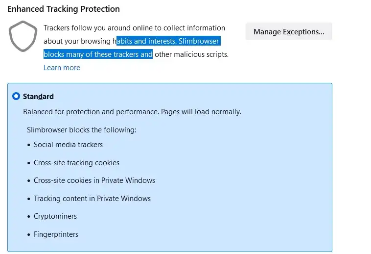 slimbrowser enhanced tracking protection