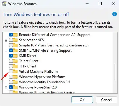 Windows Features Turn off Virtual Machine Platform