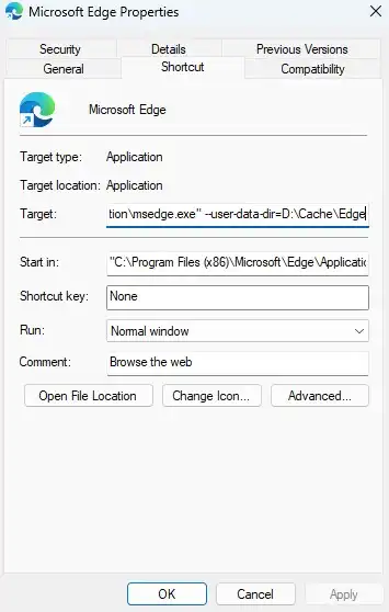 memindahkan cache microsoft edge