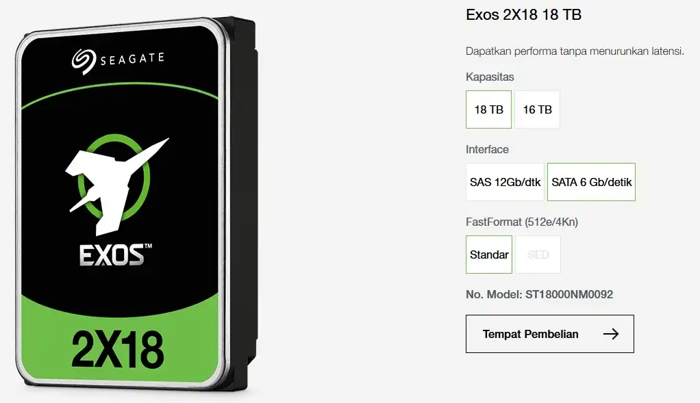 halaman web seagate exos 2x18