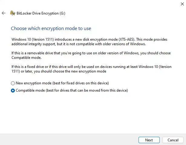 aktifkan bitlocker - encyption mode to use