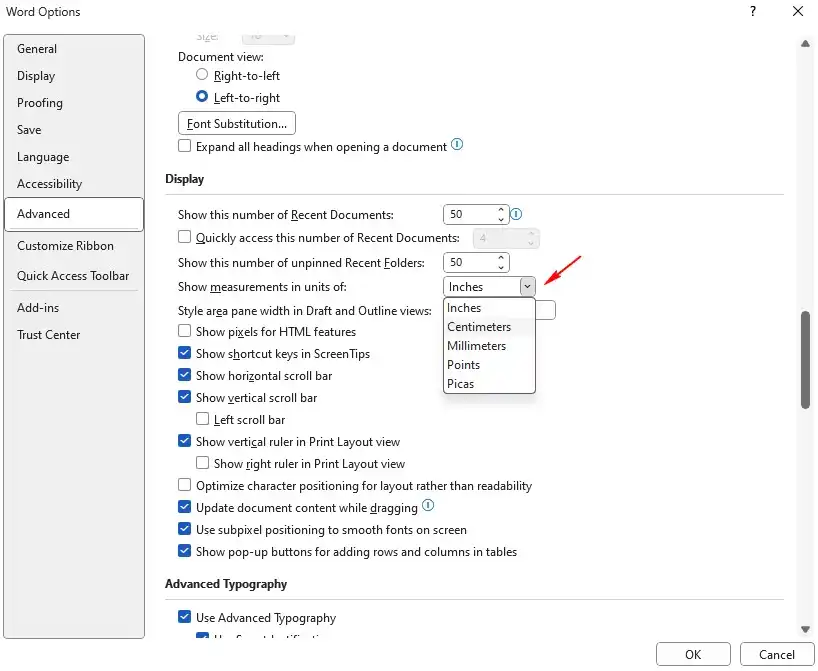 word options change unit measurements to cm