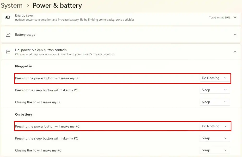 change function of power button action settings