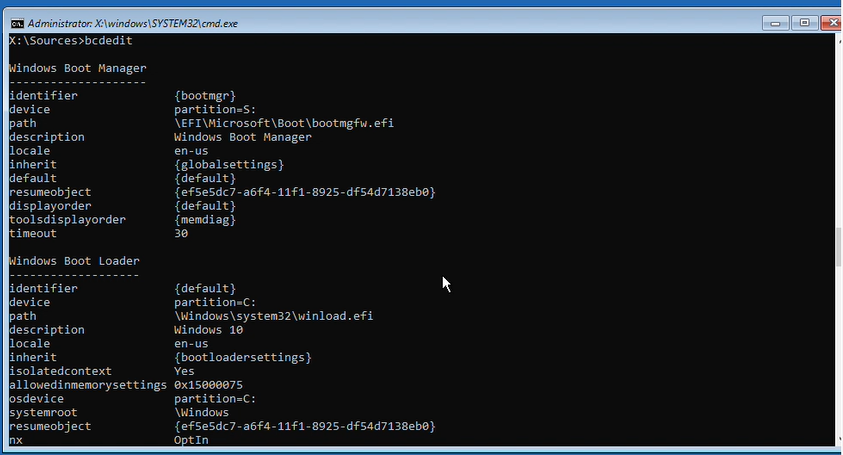 fixbootloader cmd bcdedit