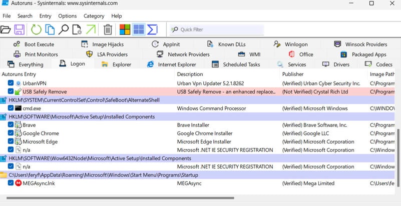 microsoft autoruns logon startup apps