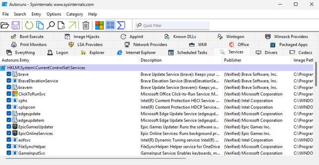 microsoft autoruns services startup apps
